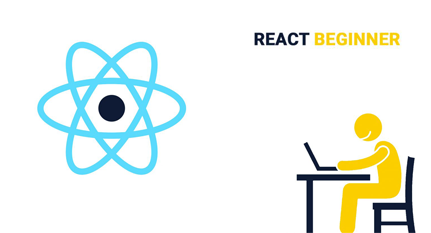 A person working on a laptop with a neutron ring floating ahead of him with the words react beginner