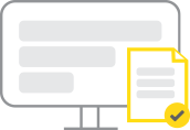 a sheet icon with tick mark over a desktop monitor to represent comprehensive reporting system