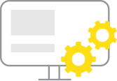 two differently sized gears interacting over the icon of a desktop monitor to show IT support and training