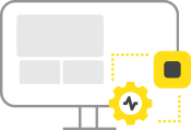 a gear and button icons connected by dots over the vector of a monitor showing AEM and Magento integration