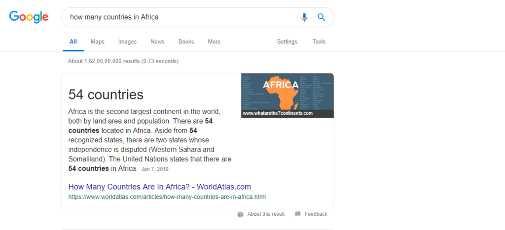 SERP for the voice search how many countries are there in Africa