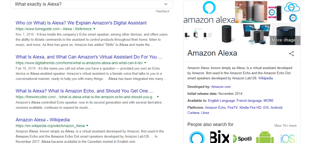 a typical search engine result page for the query Amazon Alexa on Google with a snippet on the side