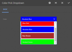 Absolute blue, Mars Red, Verdant green and bear brown hues shown with labels in a dropdown colour picker dialog box