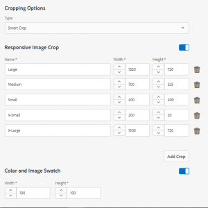 the cropping options, image sizes and colors available to authors in AEM