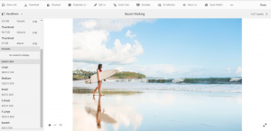 a smart crop rendition of a woman enjoying the ocean's view while walking on the beach with a surfboard