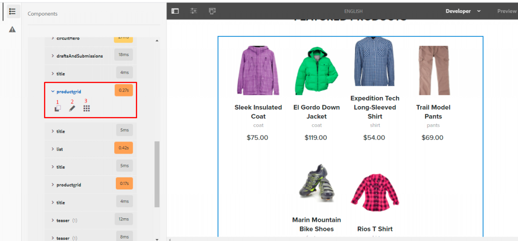 product grid component of We.Retail page within developer mode of adobe experience manager