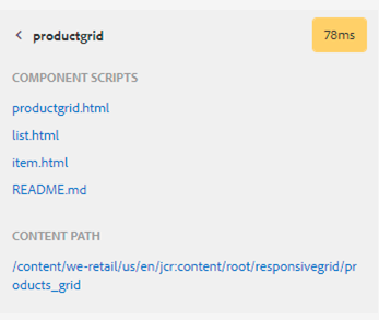 the details section of the product grid component in developer mode of adobe experience manager