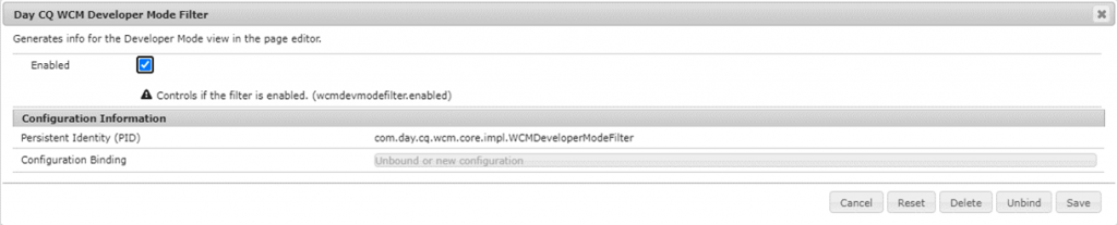 aem sites developer mode filter
